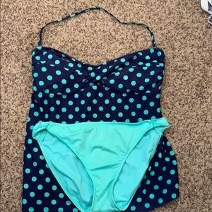Blue and teal polka dot tankini